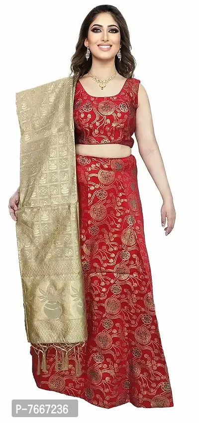 Readymade Stitched Lehenga Choli set for Women Benaras Jecquard Wedding Sangeet Bridal Lehenga/Ghaghra (Free Size) (Red)-thumb0