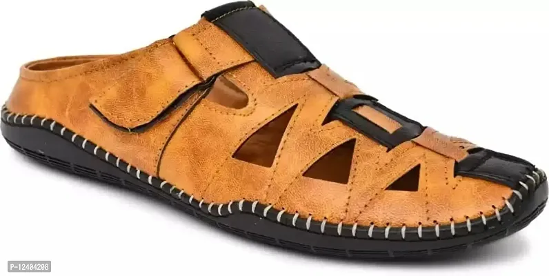 RESNAPSHOEZONE Men's Tan Synthetic Leather Stylish Velcro Sandals 7