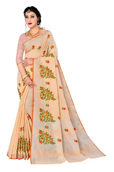 Elegant Linen Embroidered Sarees With Blouse Piece