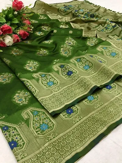 Stylish Lichi Silk Zari Flower Butta Women Saree with Blouse piece