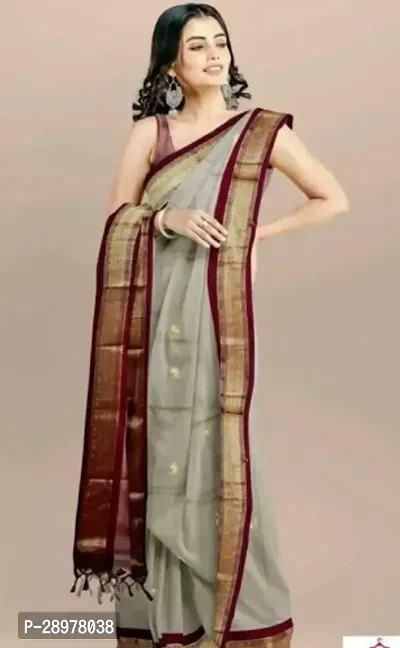 Stylish Silk Cotton Grey Self Pattern Saree With Blouse Piece For Women