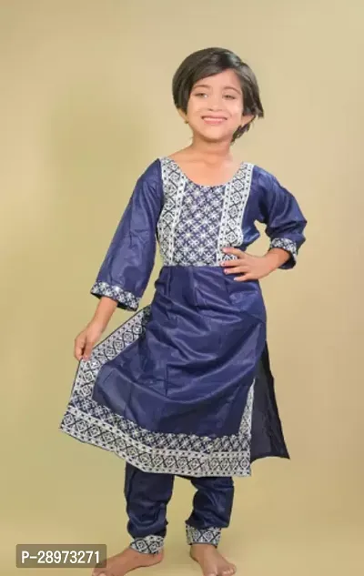 Alluring Navy Blue Rayon Embroidered Kurta Bottom Set For Girls-thumb0