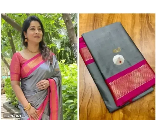 Stylish Silk Cotton Grey Self Pattern Saree With Blouse Piece For Women-thumb0