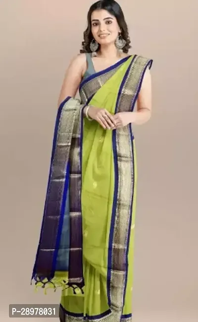 Stylish Silk Cotton Green Self Pattern Saree With Blouse Piece For Women-thumb0