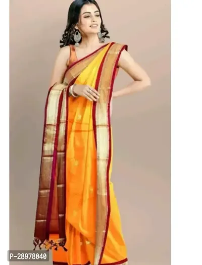 Stylish Silk Cotton Yellow Self Pattern Saree With Blouse Piece For Women-thumb0