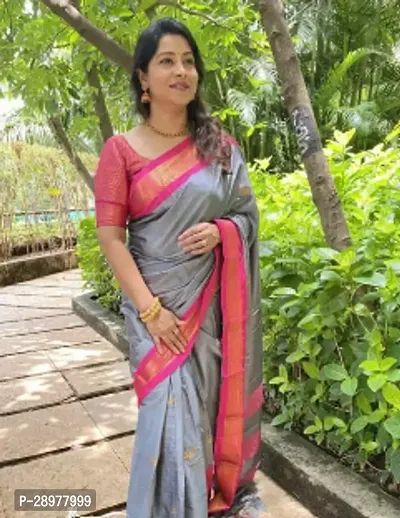 Stylish Silk Cotton Grey Self Pattern Saree With Blouse Piece For Women