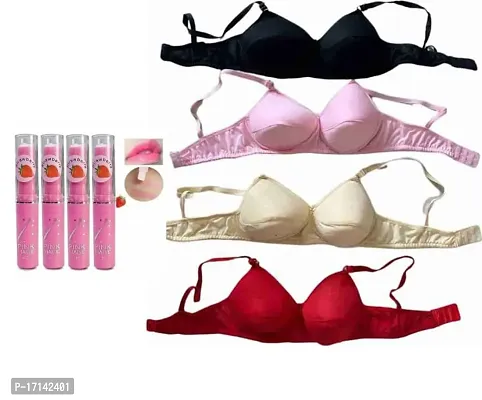 Multicoloured Cotton Blend Light Padded 4 Pc Bra Combo I Everyday Padded Bra I Cotton Bra I Girls Innerwear I Undergarment ( Pack of 4pcs ) + (Free 4pcs Pink Magic Lipsticks) (Total Pack of 8)