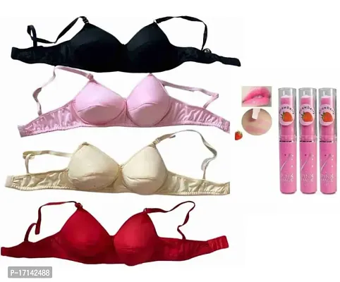 Multicoloured Cotton Blend Light Padded 4 Pc Bra Combo I Everyday Padded Bra I Cotton Bra I Girls Innerwear I Undergarment ( Pack of 4pcs ) + (Free 3pcs Pink Magic Lipsticks) (Total Pack of 7)