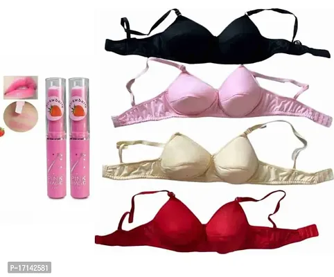 Multicoloured Cotton Blend Light Padded 4 Pc Bra Combo I Everyday Padded Bra I Cotton Bra I Girls Innerwear I Undergarment ( Pack of 4pcs ) + (Free 2pcs Pink Magic Lipsticks) (Total Pack of 6)