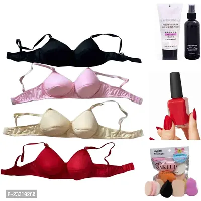 Multicoloured Cotton Blend Light Padded Everyday 4 Pcs Bra Combo + 1 Pc Red Colour Nail Paint + 6 in 1 Makeup Spounge + Beauty Fixer Primer (Total Pack of 8)