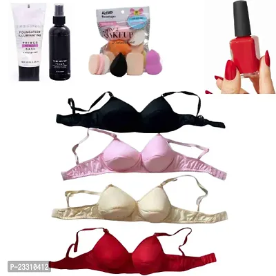Multicoloured Cotton Blend Light Padded Everyday 4 Pcs Bra Combo + 1 Pc Red Colour Nail Paint + 6 in 1 Makeup Spounge + Beauty Fixer Primer (Total Pack of 8)-thumb0