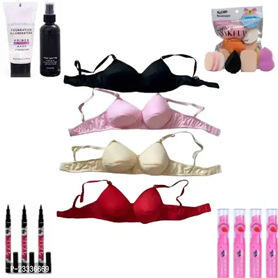 Multicolored Cotton Blend Light Padded Everyday 4 Pcs Bra Combo + 3 Pcs Makeup Eyeliner + 6 in 1 Makeup Spounge + Beauty Fixer Primer + 4 Pcs Pink Magic Lipstick (Total Pack of 14)