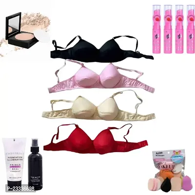 Multicolored Cotton Blend Light Padded Everyday 4 Pcs Bra Combo + Beauty Compact Powder + 6 in 1 Makeup Spounge + Beauty Fixer Primer + 4 Pcs Pink Magic Lipstick (Total Pack of 12)
