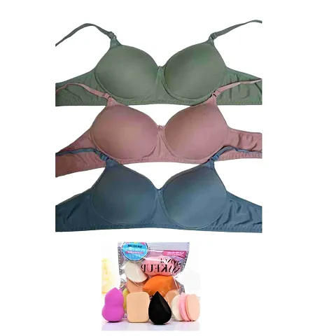 Women's Padded Non-Wired T-Shirt Lightly Padded Bra + in 1 Makeup Spounge Puff