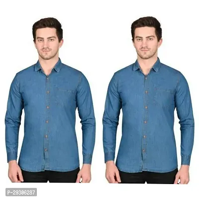 Stylish Blue Denim Long Sleeves Shirt For Men Pack Of 2-thumb0