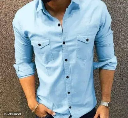 Stylish Blue Cotton Long Sleeves Shirt For Men-thumb0