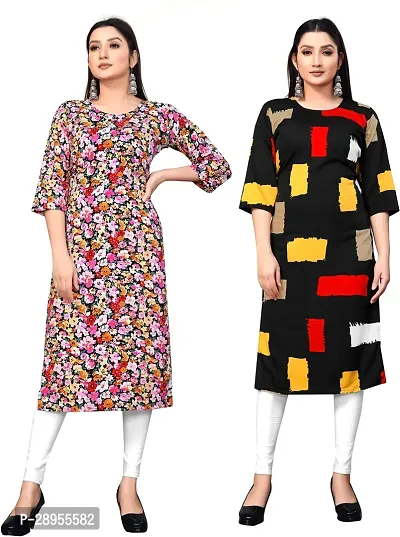 Stylish Multicoloured Crepe Printed Stitched Kurta For Women Pack Of 2-thumb0