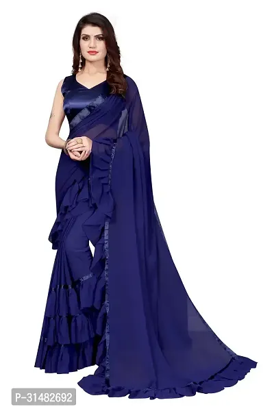 Elegant Blue Chanderi Silk Saree with Blouse piece For Women-thumb0