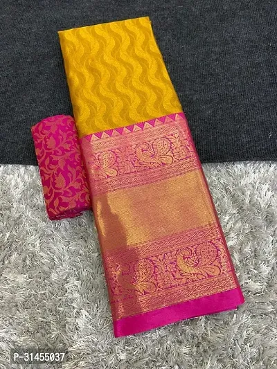 Stylish Cotton Silk Yellow Self Pattern Saree with Blouse Piece For Women-thumb0