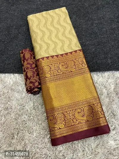 Stylish Cotton Silk Beige Self Pattern Saree with Blouse Piece For Women