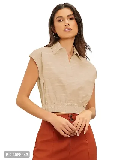 Faltu Wear Women Crop Top Neck Mandarin Collar Short Sleeve (M, Beige)-thumb1