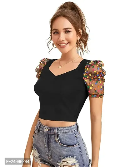 Kavmart Faltu Wear Women Crop Printed Polka Dot Puff-Sleeve Polyester Top-thumb3