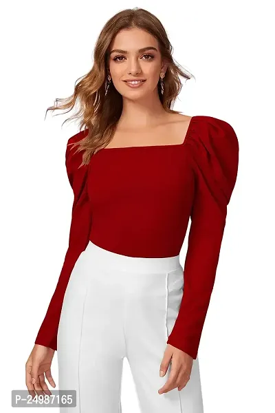 Kavmart Faltu Wear Women Top Square Neck Casual/Solid Design Pattern with Full/Puffed/Bishop Sleeve (M, RED)-thumb0