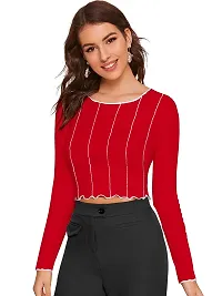 Kavmart Faltu Wear Stylish Casual Full Sleeve Round Neck Striped Women Crop Top Western Top (S, RED)-thumb1