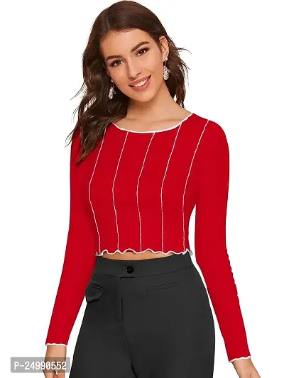 Kavmart Faltu Wear Stylish Casual Full Sleeve Round Neck Striped Women Crop Top Western Top (S, RED)-thumb2