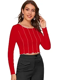 Kavmart Faltu Wear Stylish Casual Full Sleeve Round Neck Striped Women Crop Top Western Top (S, RED)-thumb2