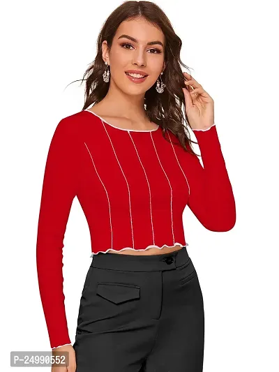 Kavmart Faltu Wear Stylish Casual Full Sleeve Round Neck Striped Women Crop Top Western Top (S, RED)-thumb3