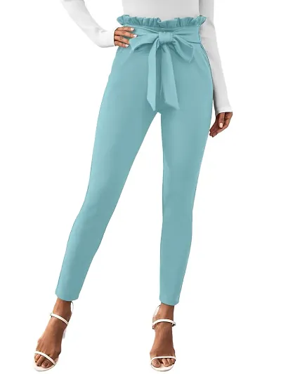 FALTU WEAR Women's Stylish High Waisted Trousers, Casual Pencil Trousers, Bow Belt, Trousers with Pockets (XL, Sky)