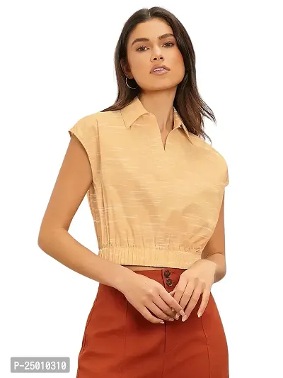 Faltu Wear Women Crop Top Neck Mandarin Collar Short Sleeve (M, Peach)-thumb0