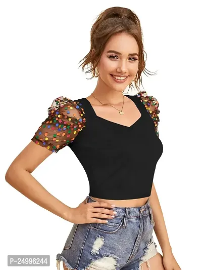 Kavmart Faltu Wear Women Crop Printed Polka Dot Puff-Sleeve Polyester Top-thumb2