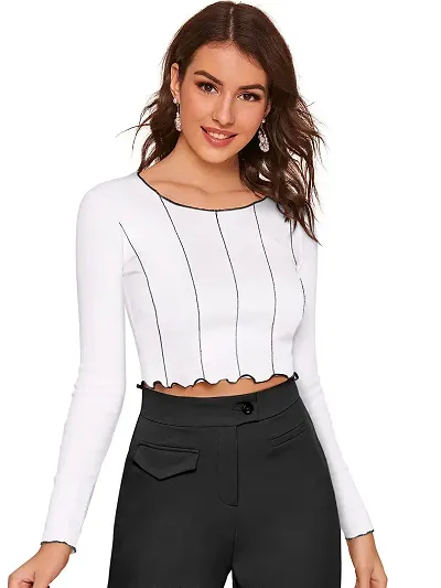 Kavmart Faltu Wear Stylish Casual Full Sleeve Round Neck Striped Women Crop Top Western Top