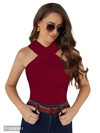 Kavmart Faltu Wear Stylish Women Sleeveless Back Cross Neck Solid Crop Top (M, Maroon)