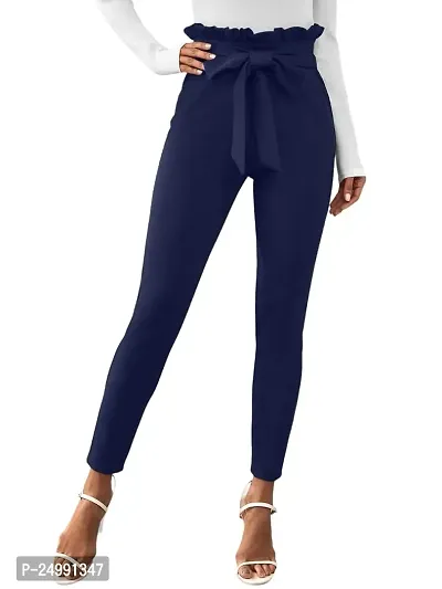 FALTU WEAR Women's Stylish High Waisted Trousers, Casual Pencil Trousers, Bow Belt, Trousers with Pockets (M, Blue)-thumb0