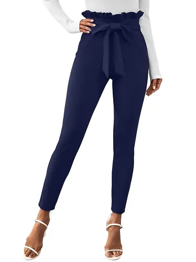 FALTU WEAR Women's Stylish High Waisted Trousers, Casual Pencil Trousers, Bow Belt, Trousers with Pockets (M, Blue)