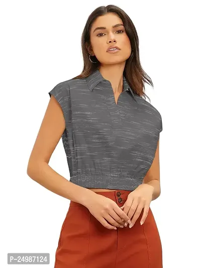 Faltu Wear Women Crop Top Neck Mandarin Collar Short Sleeve (M, Grey)-thumb0