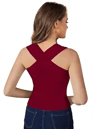 Kavmart Faltu Wear Stylish Women Sleeveless Back Cross Neck Solid Crop Top (M, Maroon)-thumb3