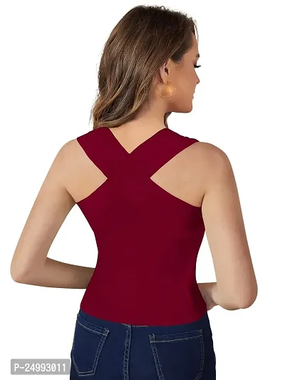 Kavmart Faltu Wear Stylish Women Sleeveless Back Cross Neck Solid Crop Top (M, Maroon)-thumb4