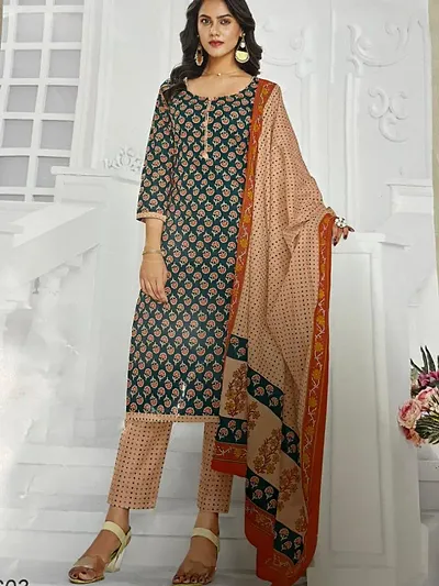 Elegant Multicoloured Cotton Printed Dress Material With Dupatta