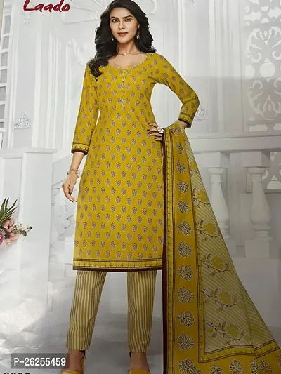 Elegant Yellow Cotton Printed Dress Material with Dupatta For Women