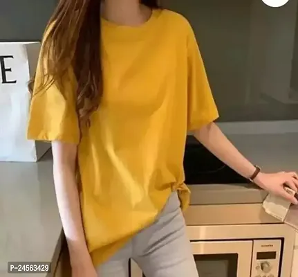 Elegant Yellow Cotton Solid Tshirt For Women-thumb0