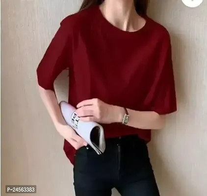 Elegant Maroon Cotton Solid Tshirt For Women-thumb0