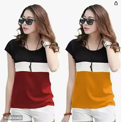 Elegant Multicoloured Cotton Colourblocked Tshirt Combo For Women