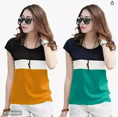 Elegant Multicoloured Cotton Colourblocked Tshirt Combo For Women-thumb0
