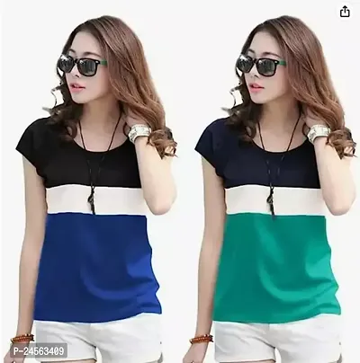 Elegant Multicoloured Cotton Colourblocked Tshirt Combo For Women-thumb0