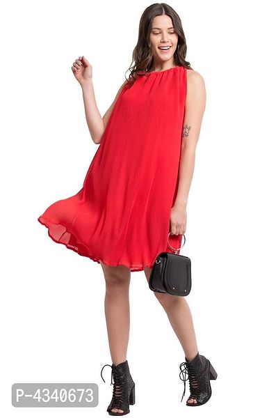 Red Georgette Pleated Halter Neck Party Wear Western Short Dress For Plus Size Girls