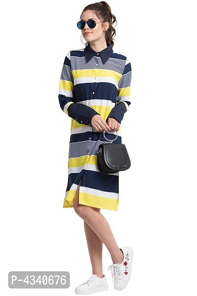 Multi Stripes Blue Neon Yellow Full Sleeves Shirt Western Dress For Girls